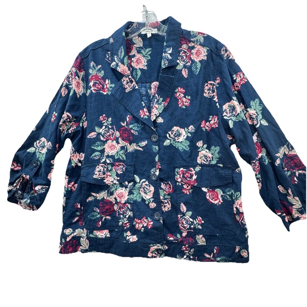 Maurices Light Blazer Jacket Women's Large Linen Blend Blue‎ Floral 3/4 Sleeve